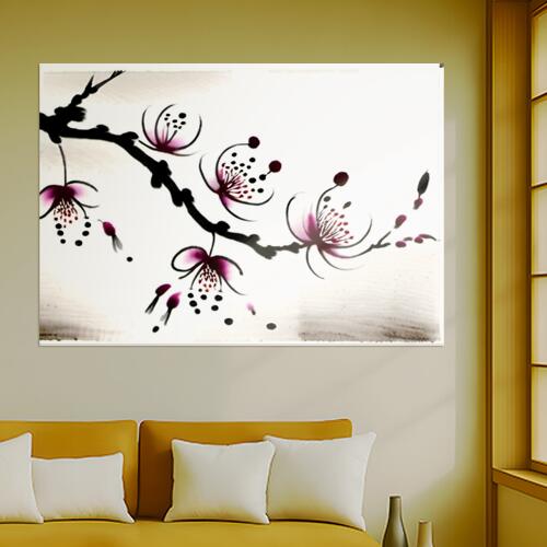 梅 花 墨絵 和風 春 タペストリー 和柄 和モダン 水墨画風 大判 布製 壁飾り 巨大 壁掛け インテリア 大きい 撮影背景 長方形 黒 ピンク 白