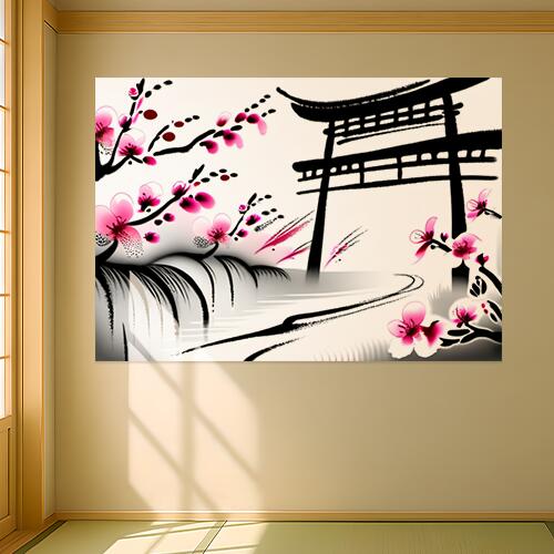 桜 鳥居 日本画 水墨画 春 タペストリー 和柄 和風 和モダン 水墨画風 大判 布製 壁飾り 巨大 壁掛け インテリア 大きい 撮影背景 長方形 白 黒 ピンク