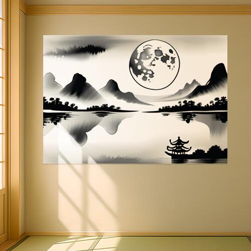 山 月 水面 建物 風景 タペストリー 和柄 和風 和モダン 水墨画風 大判 布製 壁飾り 巨大 壁掛け インテリア 大きい 撮影背景 長方形 白 黒 グレー
