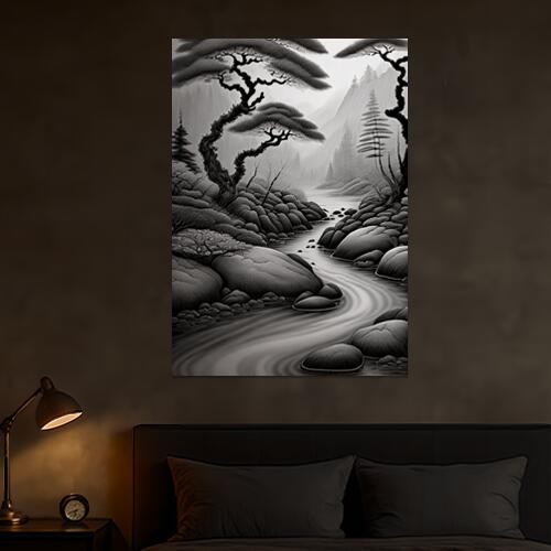 風景 川 木 岩 山 タペストリー 和柄 和風 和モダン 水墨画風 大判 布製 壁飾り 巨大 壁掛け インテリア 大きい 撮影背景 長方形 黒 白 グレー