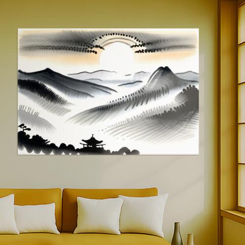 山 太陽 寺 風景 水墨画 タペストリー 和柄 和風 和モダン 水墨画風 大判 布製 壁飾り 巨大 壁掛け インテリア 大きい 撮影背景 長方形 黒 白 グレー
