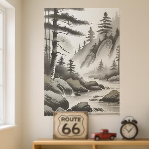 山 川 木 岩 自然 タペストリー 和柄 和風 和モダン 水墨画風 大判 布製 壁飾り 巨大 壁掛け インテリア 大きい 撮影背景 長方形 白 黒 グレー