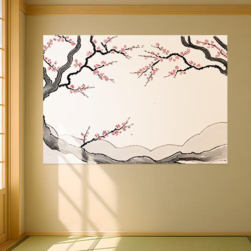 梅 花 木 春 和風 タペストリー 和柄 和モダン 水墨画風 大判 布製 壁飾り 巨大 壁掛け インテリア 大きい 撮影背景 長方形 黒 ピンク グレー