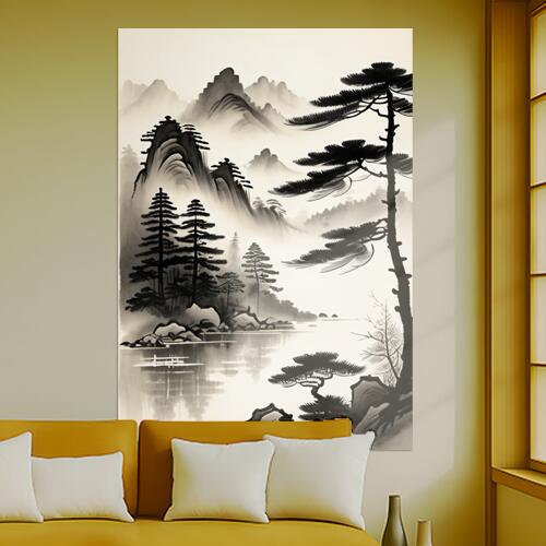 山 木 水 風景 自然 タペストリー 和柄 和風 和モダン 水墨画風 大判 布製 壁飾り 巨大 壁掛け インテリア 大きい 撮影背景 長方形 黒 白 グレー