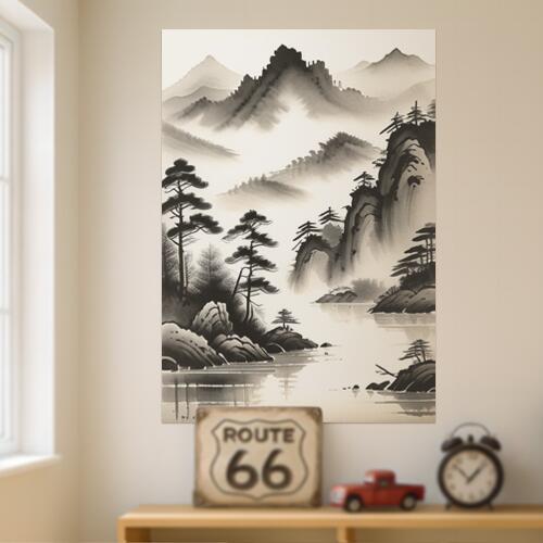 山 木 水墨画 風景 自然 タペストリー 和柄 和風 和モダン 水墨画風 大判 布製 壁飾り 巨大 壁掛け インテリア 大きい 撮影背景 長方形 黒 白 グレー