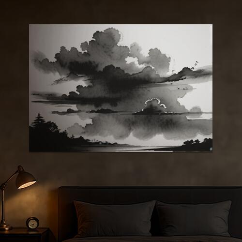 雲 空 木 風景 水墨画 タペストリー 和柄 和風 和モダン 水墨画風 大判 布製 壁飾り 巨大 壁掛け インテリア 大きい 撮影背景 長方形 黒 白 グレー