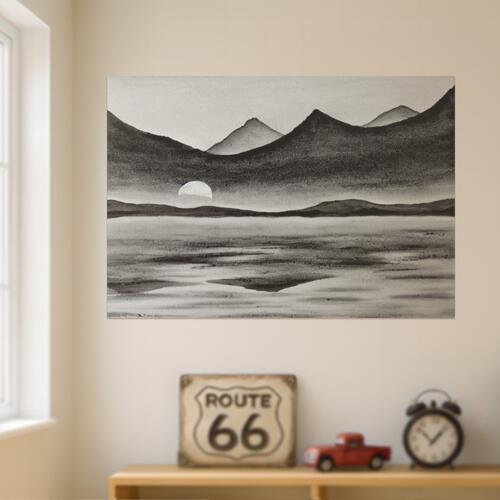 山 水面 月 風景 静寂 タペストリー 和柄 和風 和モダン 水墨画風 大判 布製 壁飾り 巨大 壁掛け インテリア 大きい 撮影背景 長方形 黒 白 グレー