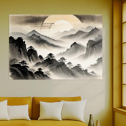 山 木 太陽 霧 風景 タペストリー 和柄 和風 和モダン 水墨画風 大判 布製 壁飾り 巨大 壁掛け インテリア 大きい 撮影背景 長方形 白 黒 グレー