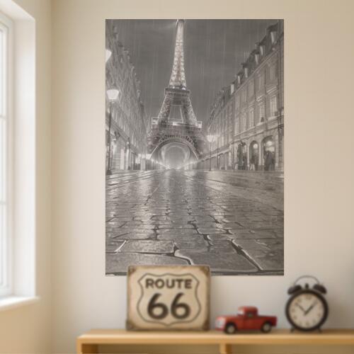 エッフェル塔 パリ 雨 石畳 街灯 タペストリー 風景 リラックス 名画風 遠景 瞑想 大判 布製 壁飾り 巨大 壁掛け インテリア 大きい 撮影背景 長方形 グレー 白 黒