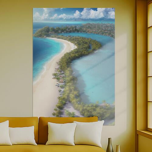 島 ビーチ 海 リゾート トロピカル タペストリー 風景 リラックス 名画風 遠景 瞑想 大判 布製 壁飾り 巨大 壁掛け インテリア 大きい 撮影背景 長方形 青 白 ベージュ