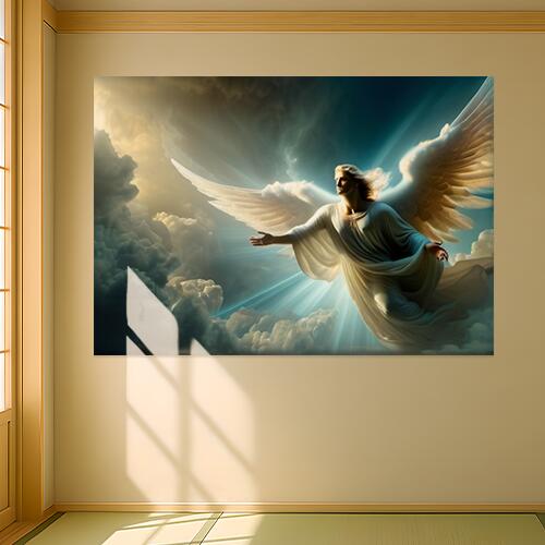 天使 翼 空 雲 光 タペストリー 風景 リラックス 名画風 遠景 瞑想 大判 布製 壁飾り 巨大 壁掛け インテリア 大きい 撮影背景 長方形 白 ベージュ 青