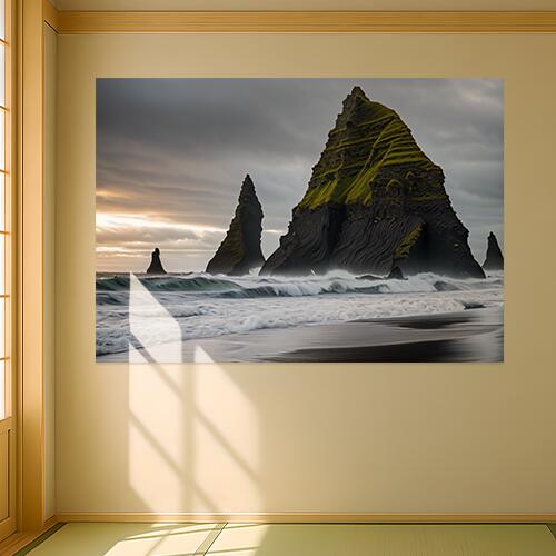 岩 海 波 崖 砂浜 タペストリー 風景 リラックス 名画風 遠景 瞑想 大判 布製 壁飾り 巨大 壁掛け インテリア 大きい 撮影背景 長方形 黒 グレー 白