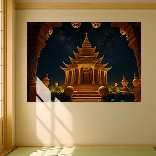 寺院 仏教 金色 建築 夜空 タペストリー 風景 リラックス 名画風 遠景 瞑想 大判 布製 壁飾り 巨大 壁掛け インテリア 大きい 撮影背景 長方形 黄色 ベージュ