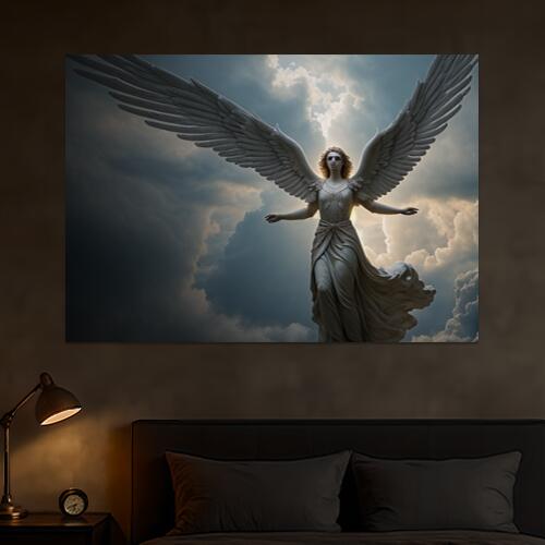 天使 翼 彫刻 雲 空 タペストリー 風景 リラックス 名画風 遠景 瞑想 大判 布製 壁飾り 巨大 壁掛け インテリア 大きい 撮影背景 長方形 白 グレー ベージュ