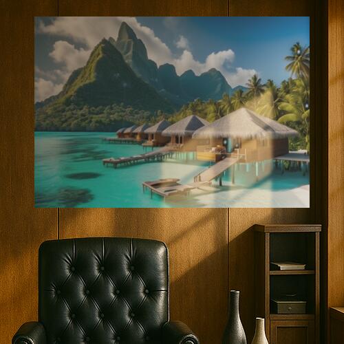 水上コテージ 海 山 ヤシの木 リゾート タペストリー 風景 リラックス 名画風 遠景 瞑想 大判 布製 壁飾り 巨大 壁掛け インテリア 大きい 撮影背景 長方形 青 ベージュ 緑