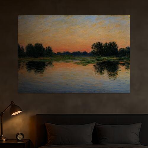 夕焼け 水面 木々 風景 印象派 タペストリー リラックス 名画風 遠景 瞑想 大判 布製 壁飾り 巨大 壁掛け インテリア 大きい 撮影背景 長方形 オレンジ 黄色 青