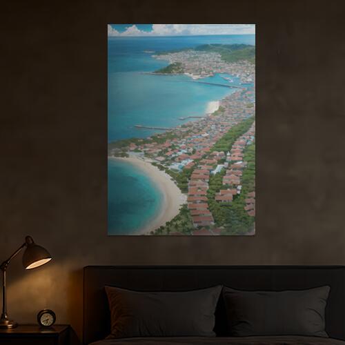 海 ビーチ 町 家 木 タペストリー 風景 リラックス 名画風 遠景 瞑想 大判 布製 壁飾り 巨大 壁掛け インテリア 大きい 撮影背景 長方形 青 白 ベージュ