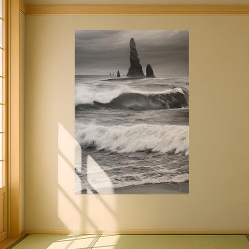 海 波 岩 崖 海岸 タペストリー 風景 リラックス 名画風 遠景 瞑想 大判 布製 壁飾り 巨大 壁掛け インテリア 大きい 撮影背景 長方形 グレー 白 黒