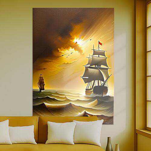 帆船 海 夕焼け 波 冒険 タペストリー 風景 リラックス 名画風 遠景 瞑想 大判 布製 壁飾り 巨大 壁掛け インテリア 大きい 撮影背景 長方形 黄色 オレンジ ベージュ