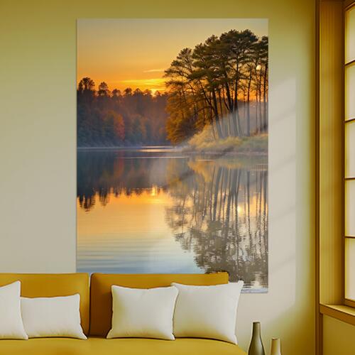 湖 木 夕焼け 反射 自然 タペストリー 風景 リラックス 名画風 遠景 瞑想 大判 布製 壁飾り 巨大 壁掛け インテリア 大きい 撮影背景 長方形 オレンジ 黄色 ベージュ