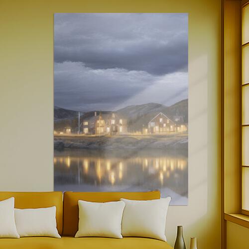 家 夜景 水面 反射 山 タペストリー 風景 リラックス 名画風 遠景 瞑想 大判 布製 壁飾り 巨大 壁掛け インテリア 大きい 撮影背景 長方形 グレー ベージュ 黄色