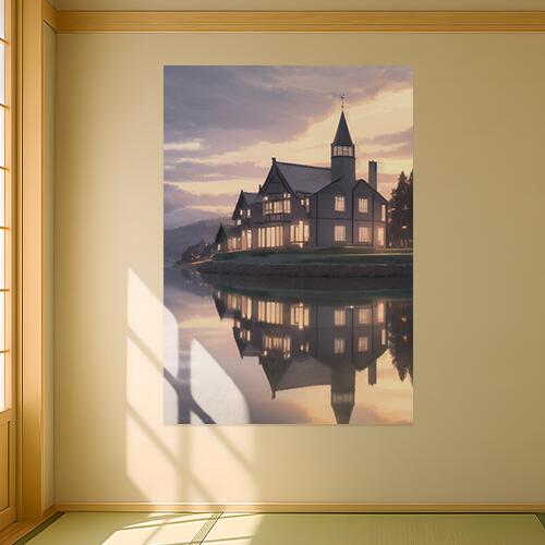 家 湖 反射 夕暮れ 風見鶏 タペストリー 風景 リラックス 名画風 遠景 瞑想 大判 布製 壁飾り 巨大 壁掛け インテリア 大きい 撮影背景 長方形 グレー ベージュ オレンジ