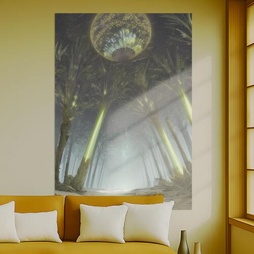 森 木 光 球体 ファンタジー タペストリー 風景 リラックス 名画風 遠景 瞑想 大判 布製 壁飾り 巨大 壁掛け インテリア 大きい 撮影背景 長方形 緑 グレー ベージュ