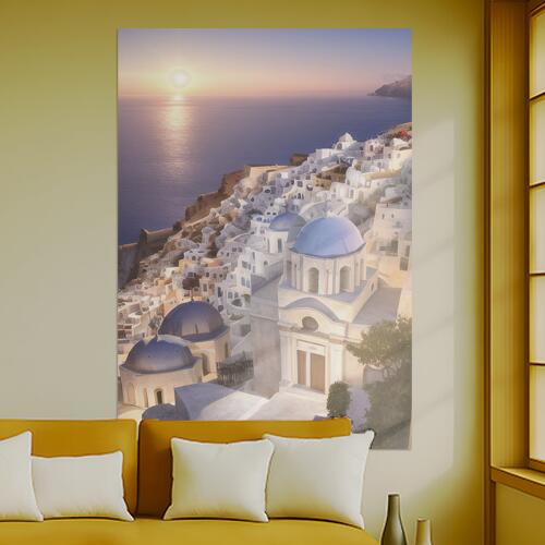 サントリーニ島 ギリシャ 教会 海 夕日 タペストリー 風景 リラックス 名画風 遠景 瞑想 大判 布製 壁飾り 巨大 壁掛け インテリア 大きい 撮影背景 長方形 白 青 ベージュ