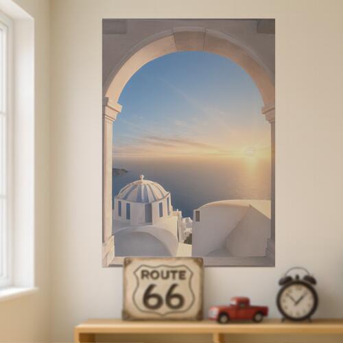 サントリーニ島 教会 海 夕日 アーチ タペストリー 風景 リラックス 名画風 遠景 瞑想 大判 布製 壁飾り 巨大 壁掛け インテリア 大きい 撮影背景 長方形 白 青 ベージュ