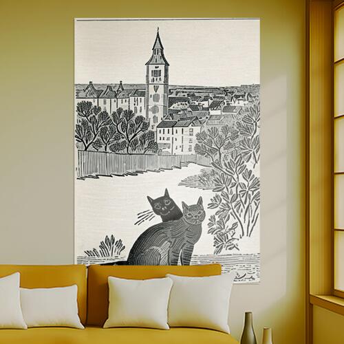 猫 ねこ ネコ 塔 町 タペストリー 自然 版画風 名画風 大判 布製 壁飾り 巨大 壁掛け インテリア 大き..