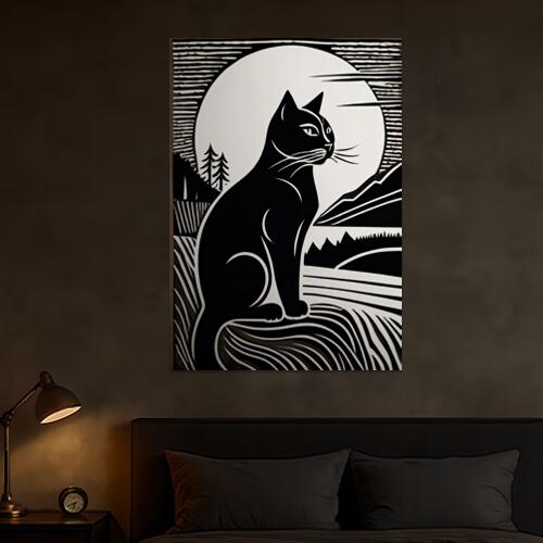 猫 月 風景 木 アート タペストリー 自然 版画風 名画風 大判 布製 壁飾り 巨大 壁掛け インテリア 大きい 撮影背景 長方形 黒 白