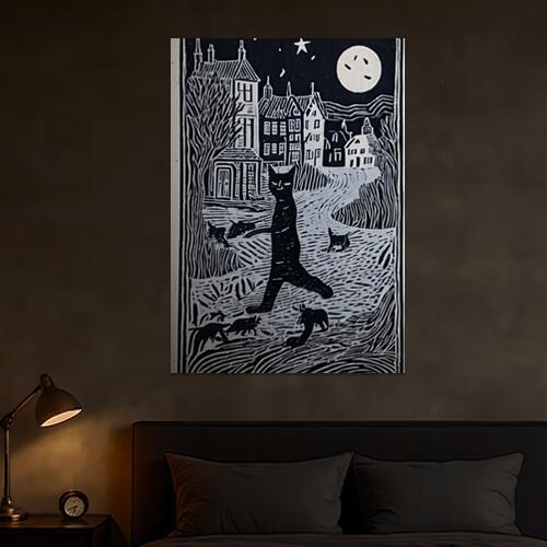 猫 夜 月 星 家 タペストリー 自然 版画風 名画風 大判 布製 壁飾り 巨大 壁掛け インテリア 大きい 撮影背景 長方形 黒 白