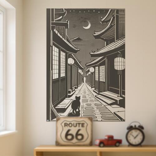 猫 夜 通り 提灯 日本家屋 タペストリー 自然 版画風 名画風 大判 布製 壁飾り 巨大 壁掛け インテリア 大きい 撮影背景 長方形 黒 白 グレー