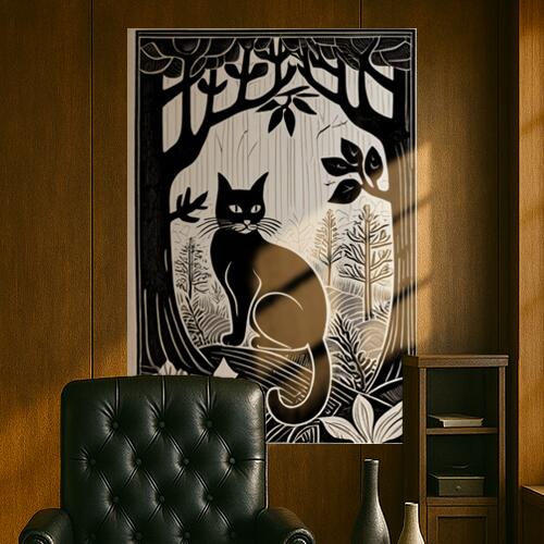 猫 木 森 自然 アート タペストリー 版画風 名画風 大判 布製 壁飾り 巨大 壁掛け インテリア 大きい 撮影背景 長方形 黒 白