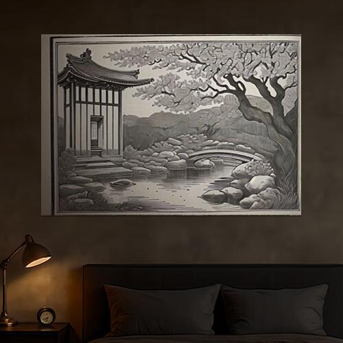 庭園 日本庭園 橋 木 建物 タペストリー 自然 版画風 名画風 大判 布製 壁飾り 巨大 壁掛け インテリア..