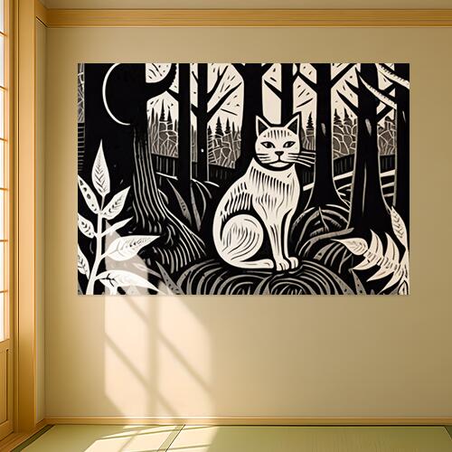 猫 木 月 森 白黒 タペストリー 自然 版画風 名画風 大判 布製 壁飾り 巨大 壁掛け インテリア 大きい 撮影背景 長方形 白 黒 グレー