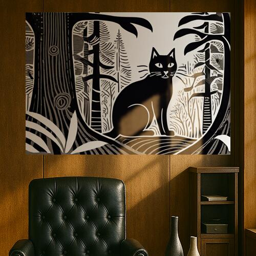 猫 木 森 動物 自然 タペストリー 版画風 名画風 大判 布製 壁飾り 巨大 壁掛け インテリア 大きい 撮..