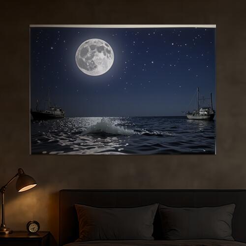 月 海 船 夜空 星 タペストリー 大自然 版画風 風景 絵画風 大判 布製 壁飾り 巨大 壁掛け インテリア 大きい 撮影背景 長方形 リラックス 瞑想 紺 黒 白