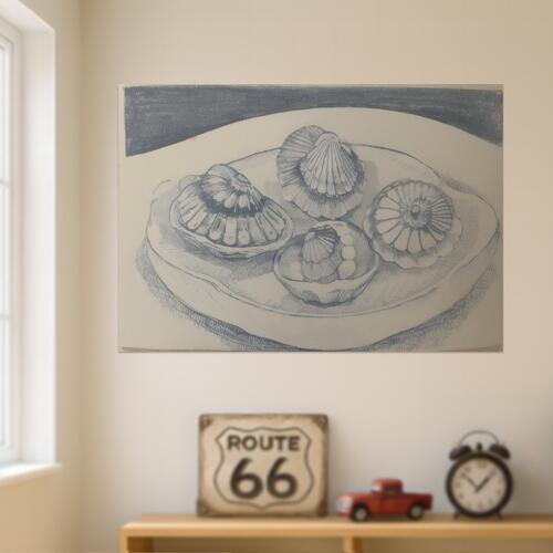 貝 貝殻 海 海産物 静物画 タペストリー 大自然 版画風 風景 絵画風 大判 布製 壁飾り 巨大 壁掛け インテリア 大きい 撮影背景 長方形 リラックス 瞑想 グレー 白 青