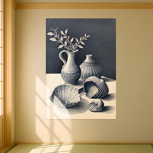 静物 花瓶 貝殻 植物 古典 タペストリー 大自然 版画風 風景 絵画風 大判 布製 壁飾り 巨大 壁掛け インテリア 大きい 撮影背景 長方形 リラックス 瞑想 紺 白 グレー