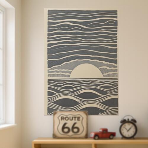 海 波 太陽 空 風景 タペストリー 大自然 版画風 絵画風 大判 布製 壁飾り 巨大 壁掛け インテリア 大きい 撮影背景 長方形 リラックス 瞑想 紺 白 ベージュ