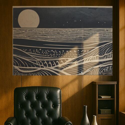 月 海 夜景 風景 版画 タペストリー 大自然 版画風 絵画風 大判 布製 壁飾り 巨大 壁掛け インテリア 大きい 撮影背景 長方形 リラックス 瞑想 紺 白 グレー