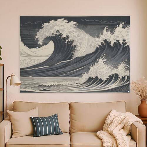 波 海 自然 風景 木版画 タペストリー 大自然 版画風 絵画風 大判 布製 壁飾り 巨大 壁掛け インテリア 大きい 撮影背景 長方形 リラックス 瞑想 紺 白 グレー
