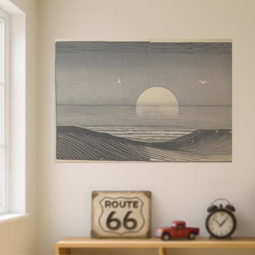 海 日 鳥 波 風景 タペストリー 大自然 版画風 絵画風 大判 布製 壁飾り 巨大 壁掛け インテリア 大きい 撮影背景 長方形 リラックス 瞑想 グレー 白 紺