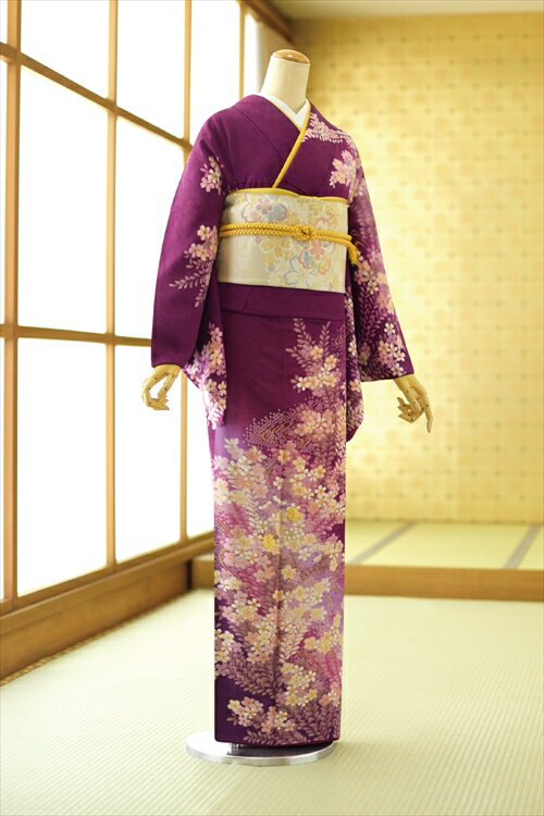 【レンタル】 訪問着 レンタル ワイン水に桜 mh1178 女性 袋帯 着物 京紫地に流れる様な桜文様 《身長》160cm〜175m位 M/L 正絹 フルセット 入学式 卒業式 母 着物 母親 結婚式 お宮参り 七五三 ママ 卒園式 人気 おすすめ