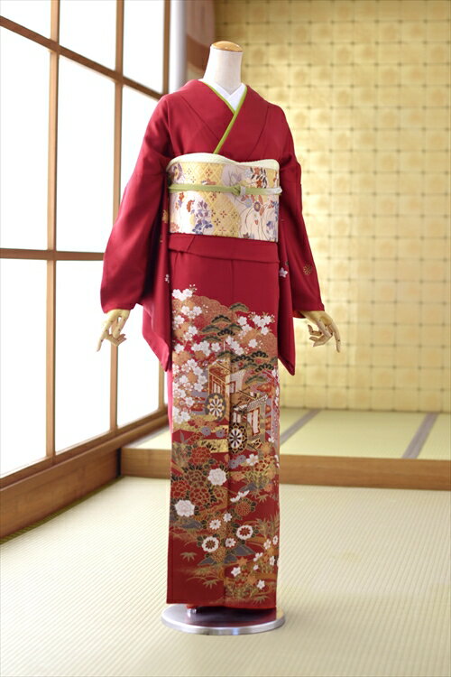 【レンタル】 訪問着 レンタル 赤嵯峨野車 mh1430 女性 袋帯 着物 色 《身長》153cm〜168cm位 M/L フル..
