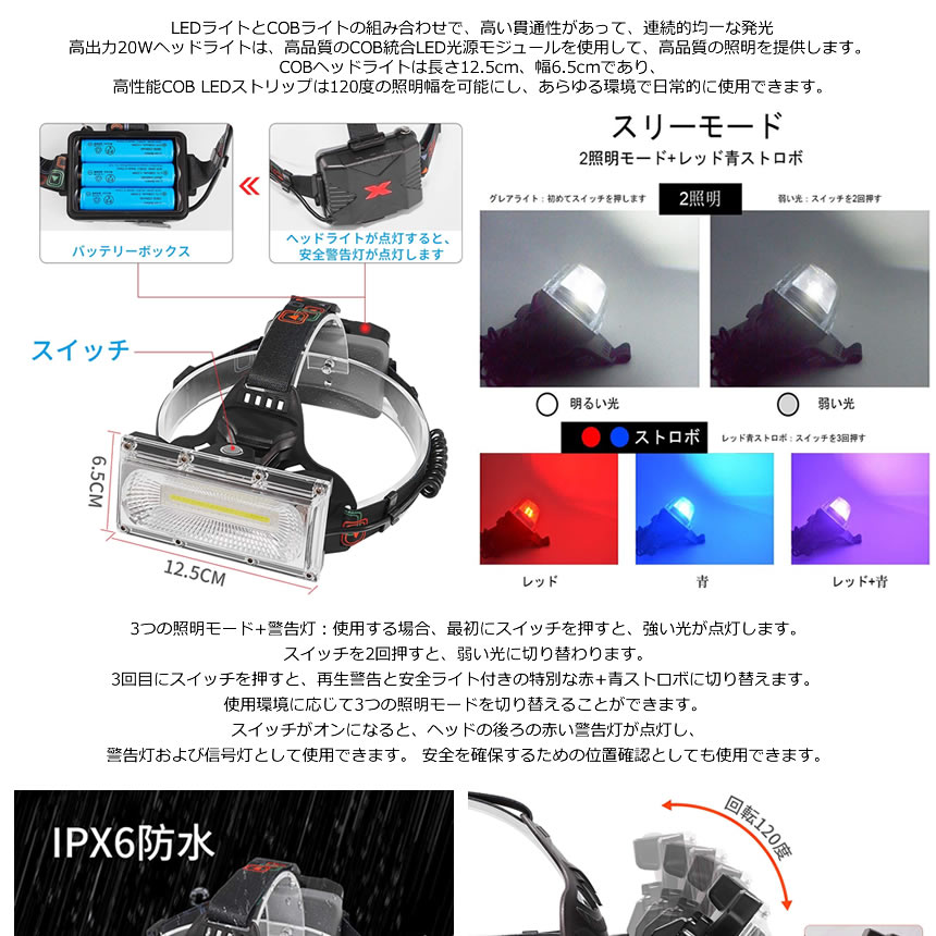 超強力 COB　ヘッドライト 充電式 広角 広範囲 LED ヘッドランプ 釣り 登山 アウトドア キャンプ 作業 防災 防水 18650充電電池3本付　tecc-hirohead frshzakka-10001418 雑貨やぁ サンプル画像3
