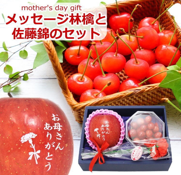 【早割中!】母の日 メッセージ付 りんご 山形県産 佐藤錦 さくらんぼ セット 各1玉 シルクフラワー カーネーション付 2025 プレゼント お母さん ギフト 果物 フルーツ 贈答 [りんご・佐藤錦 母の日] 【MR】