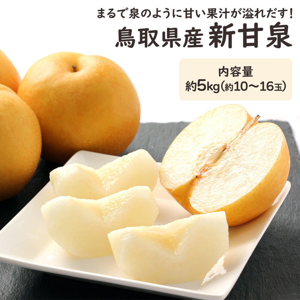 商品 鳥取県産「新甘泉」 容量 約5kg（12～16玉入） 発送時期 こちらの商品は入荷次第、市場より順次直送させていただきます。 ※農作物ですので、お届けのご希望を承ることが出来かねます。 ご不便をおかけしますがご理解の程よろしくお願い致します。 特徴 「新甘泉（しんかんせん）」は、平成20年に品種登録された鳥取県生まれの梨です。 「筑水」と「おさ二十世紀」のかけあわせで、赤梨の甘さと青梨のみずみずしさを併せ持っています。 新甘泉の特徴は、なんといってもその甘さと食感。酸味が少なく、甘さが際立つ濃厚な味わいが魅力です。 平均糖度は13度を超えるとも言われ、幸水や豊水よりも高く、晩秋の「南水」と同等とも言われます。 また、二十世紀梨の特長であるシャキシャキとした食感と、たっぷりの果汁もしっかり受け継いでいます。 生産量が限られ、旬の時期も短い希少な梨です。 新甘泉は糖度センサーで選果され、品質を確認したものをお届けします。 鳥取県が誇る新甘泉ならではの濃厚な甘さと、みずみずしい食感をぜひお楽しみください。 お届け不可地域 大阪府より発送をしてお届けまで2日以上かかる地域（北海道・青森・秋田・岩手・沖縄・離島）へはお届けができません。 誤ってご注文をいただいた場合はキャンセルとさせていただきますのでご留意ください。 お届けにつきまして 発送が完了いたしましたら、お荷物番号やお届け予定日を記載した「発送通知メール」をお送りいたします。 ご在宅の兼ね合いなどもございますが、生ものですので、特にギフト用途の際には お届け予定日当日中にお受け取りいただけるよう、先様に事前のご連絡をおすすめいたします。 用途 新甘泉 鳥取県産 梨 なし ナシ 和梨 フルーツ 果物 フルーツギフト 贈答用 ギフト 贈り物 御供 粗供養 御仏前 御霊前 お礼 お見舞 出産祝い 出産内祝い 快気祝い お中元 残暑見舞い 暑中見舞い 移転祝い 開業祝 開店祝い 出演祝い 就任祝い 退職祝い 粗品 還暦祝い 古希祝い 喜寿祝い 傘寿祝い 米寿祝い 卒寿祝い 白寿祝い 退院祝い 手土産 お土産