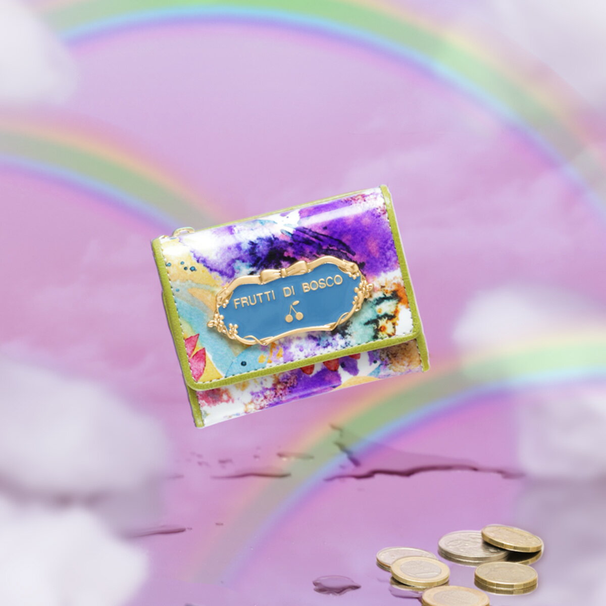 フルッティ ディ ボスコ  財布 雨上がりの空に、虹を咲かせて。ミニウォレットMezzo Dream Unicorn （メゾ ドリーム・ユニコーン）　エナメル 本革 レディース 財布 長財布 ユニコーン 緑 レインボー スカイブルー グリーン 青 黄色 イエロー FRUTTI DI BOSCO（フルッティディボスコ）